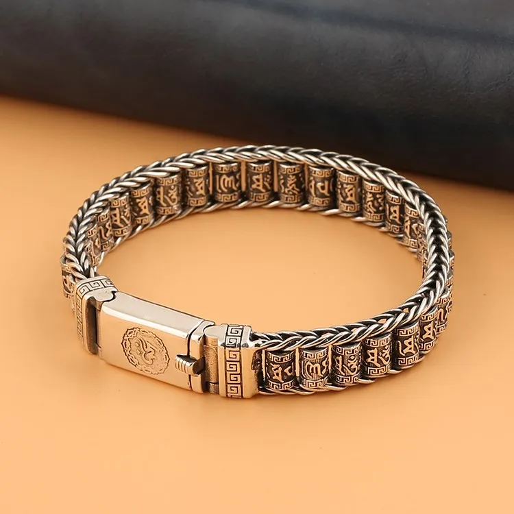BOCAI New Real S925 Pure Silver Man Bracelet Hand-Woven Buddhist Six-character Mantra Revolver Personality Good Luck  Boys Gifts