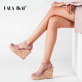 

LALA IKAI Women's Sandals 2020 Summer Wedge Muffin Thick Bottom High Heels Platform Buckle Fish Mouth Shoes Women XWC6987-4