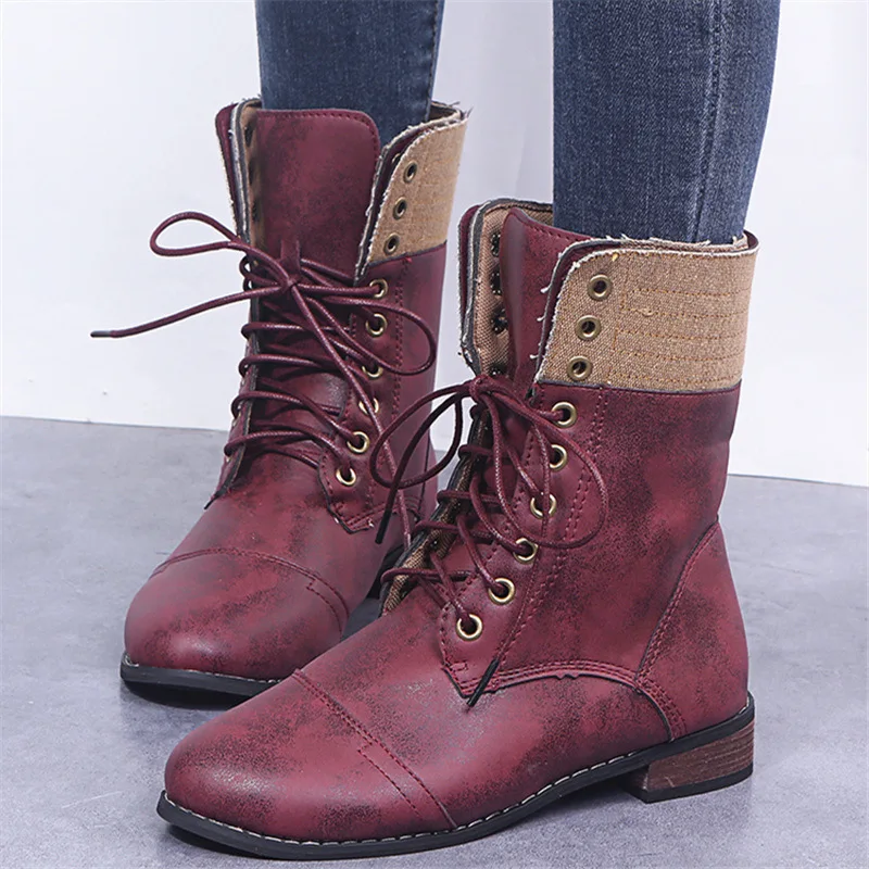 

Da ma xue Children 2019 Autumn And Winter New Style England Middle Boots Square Heel Lace-up Biker Boots