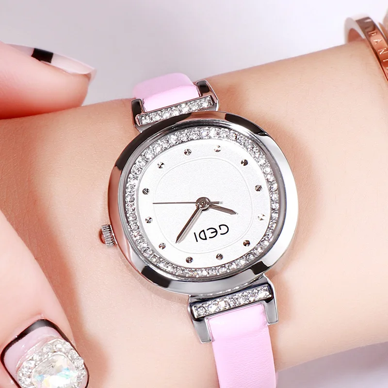 

Gedi Women's Diamond-embedded Watch Elegant Students Simple Wrist Versatile Fashion Leather Belt WOMEN'S Watch Shaking Voice Net