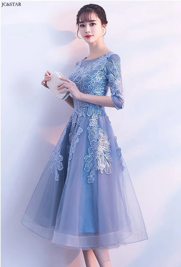 Vestidos de fiesta largos elegantes de gala boda Черпак шеи Кружева Половина рукава линия Серебряный Розовый пыльно-синий платье подружки невесты