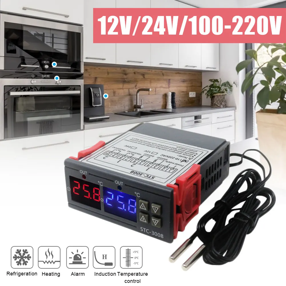 Termostato electrónico de doble Control STC-3008, pantalla Digital de ordenador, interruptor de termostato ajustable de Temperatura Dual