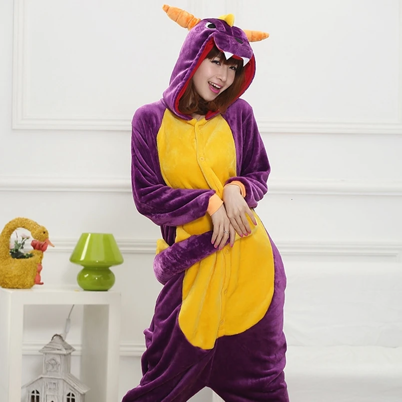 Для взрослых кигуруми Onesie аниме женский костюм фиолетовый дракон Хэллоуин косплей мультфильм животных пижамы зима теплая Пижама с капюшоном