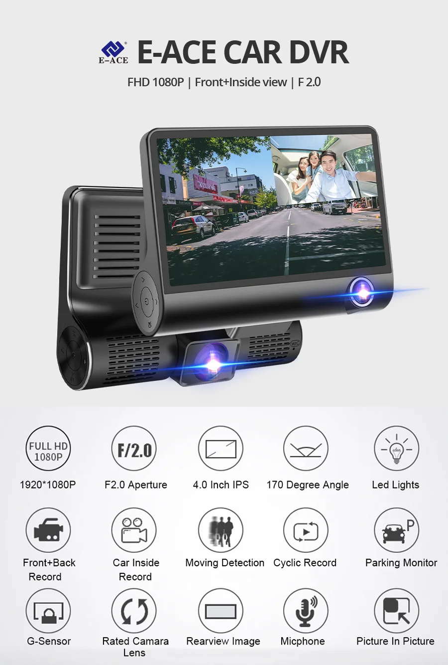 E-ACE 4.0 дюймов мини видеорегистратор Торпедо для автомобиля видео CAM авто 3 camara линзы с заднего вида Видеомагнитофон Mirror HD автомобильные видеорегистраторы 170 градусов Угол обзора видеокамеры видеорегистратор
