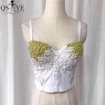 

QSYYE Sexy White Bridal Top Dress Women Sweetheart Mesh Stitching Crop Top Golden Bead Nightclub Navel Appliqued Lace Party Gown