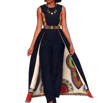 

African Design Bazin Elegant Womens Rompers Jumpsuit Sleeveless Rompers Jumpsuit Long Dashiki Pants size M