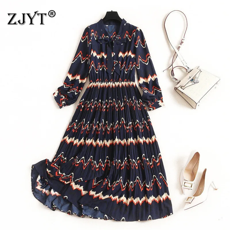 

2020 New Fashion Spring Dress Woman Clothes Elegant Designer Bow Collar Striped Print Vintage Pleated Dress Casual Vestidos