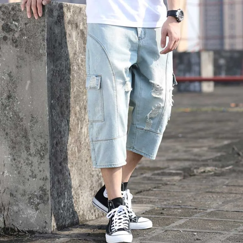 Рваные карго шорты мужские Модные джинсы шорты Лоскутные хлопковые Свободные мешковатые Ретро корейский стиль шаровары шорты джинсы мужская одежда