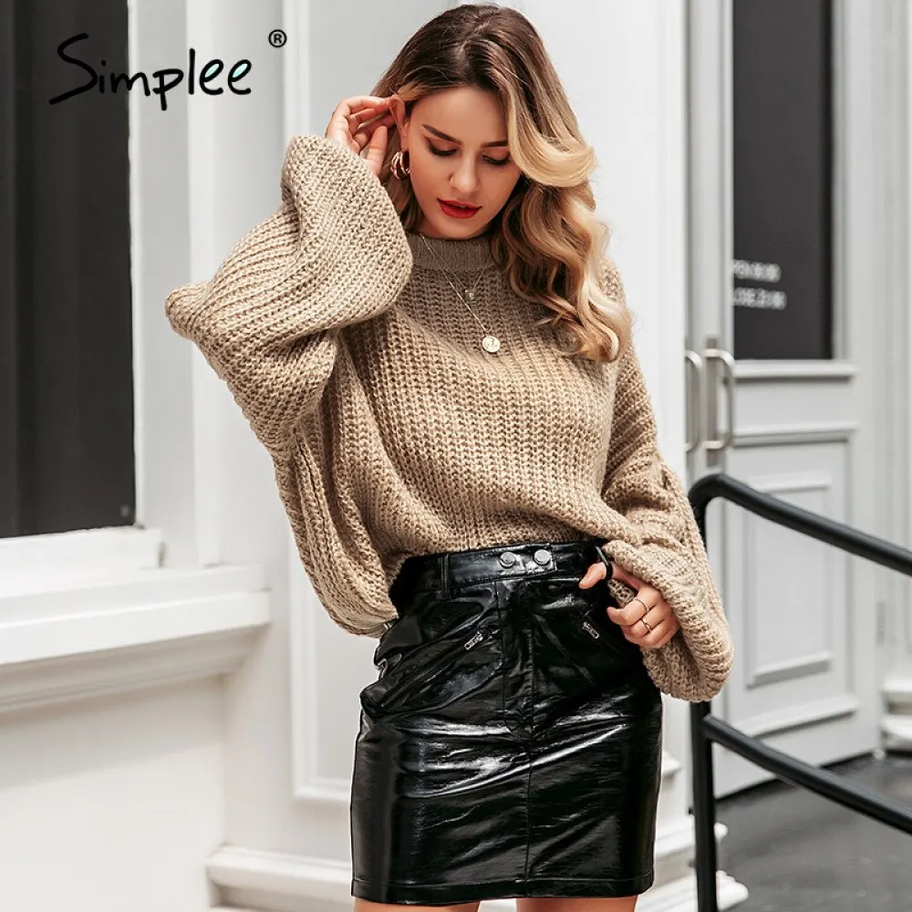 Simplee Winter lantern sleeve knitted sweater pullover Women loose O-neck solid Female autumn casual jumper new | Женская одежда