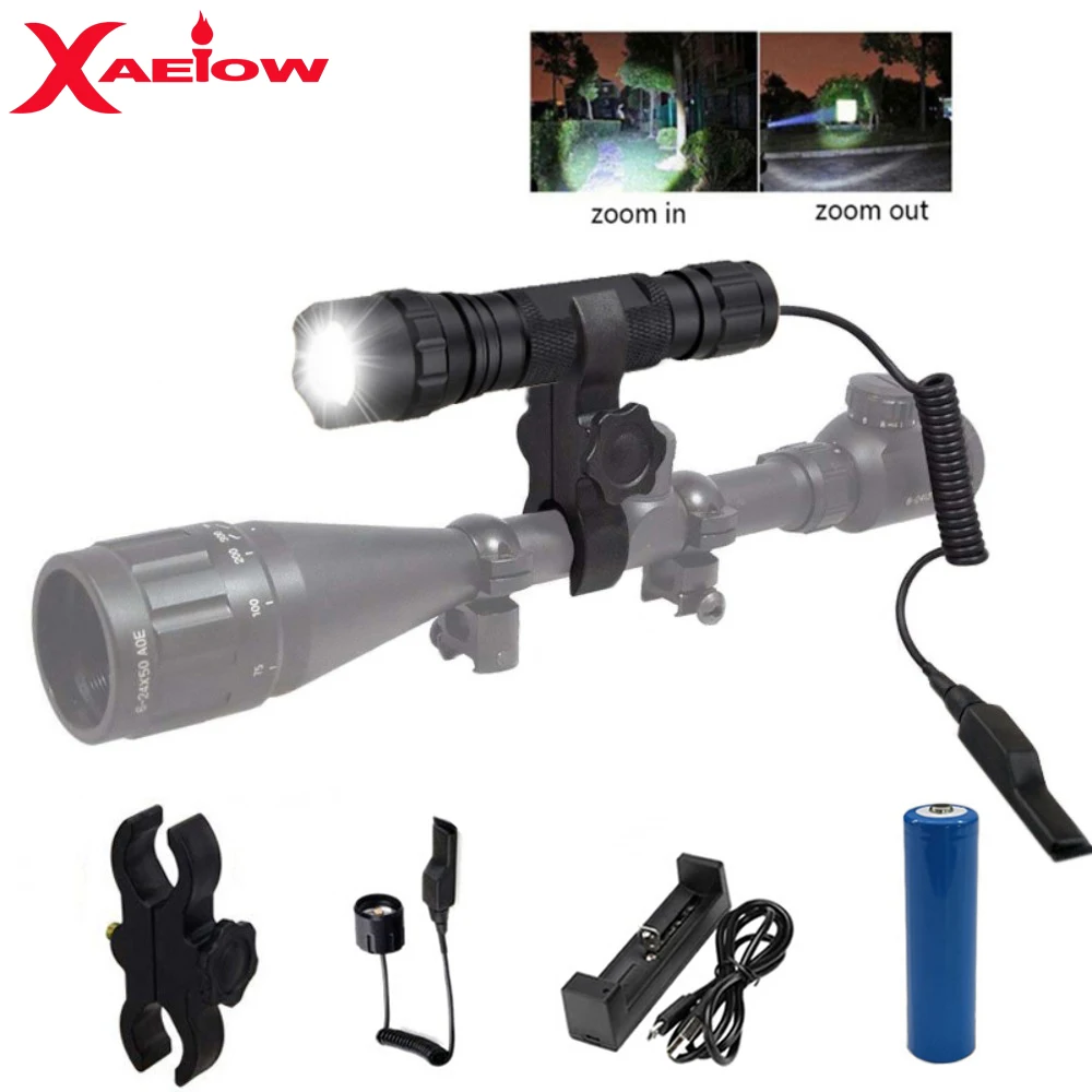 

T6/Q5 1000LM Zoomable LED Flashlight Gun Lamp Mount Predator Varmint Hunting Weapon Light+Rifle Scope Mount+Switch+18650+Charger