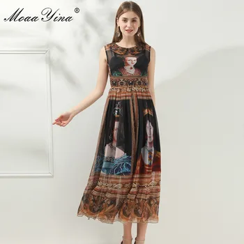

MoaaYina Fashion Designer dress Spring Summer Women Dress Sleeveless Queen Print Black Vintage Chiffon Dresses