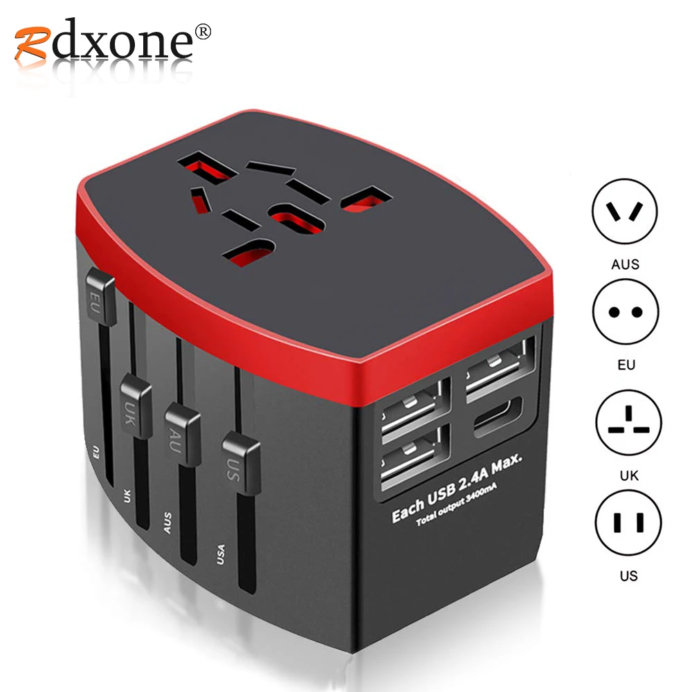 Rdxone дорожный адаптер Международный универсальный адаптер питания все-в-одном с 5 USB по всему миру настенное зарядное устройство для Великобритании/ЕС/США/Азии