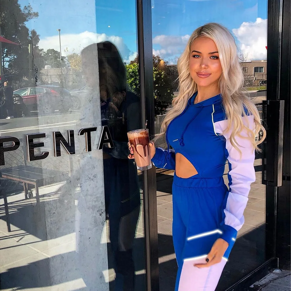 

BKLD Autumn New Style Sexy Bodysuits Hoodies Blue Hollow Out High Waist Contrast Color Bodycon Jumpsuits Trendy Casual Wear