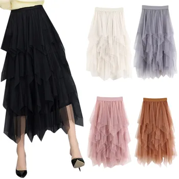 

2020 skirts womens Pink Skirt Casual Womens Comfortable Tulle High Waist Pleated Tutu Ladies mesh Midi