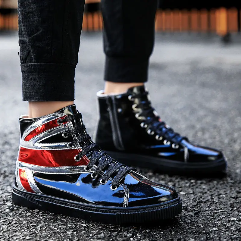

Mens Hightop Shinny Sneakers Street Boy's Trendy Sport Shoes Mixed Color Man Glossy Premium Cool Casual Shoes