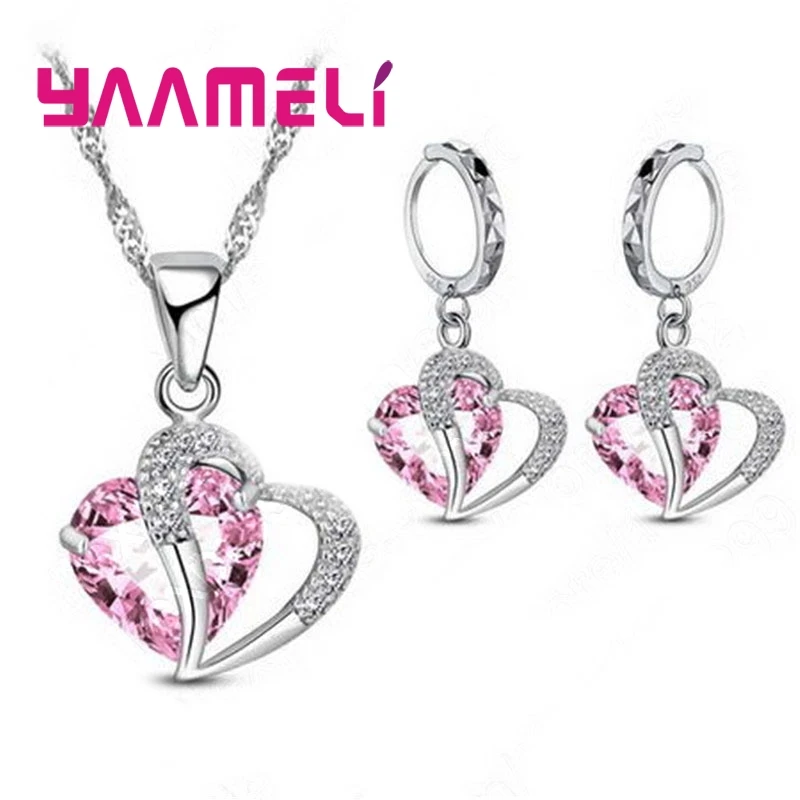 925 Sterling Silver Bridal Jewelry Set Heart Cz Crystal Diamond Pendant Necklace Earrings For