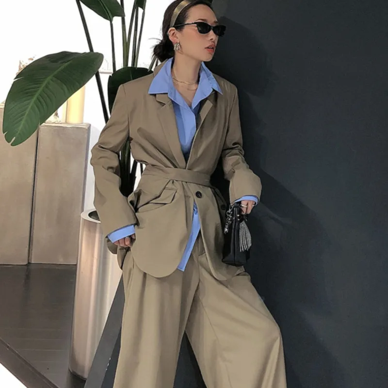 [EWQ] Autumn New Full Sleeve Plus Size High Quality Trend Coat Feminino Korean Style Lace Coffee Color Women Blazer QL568