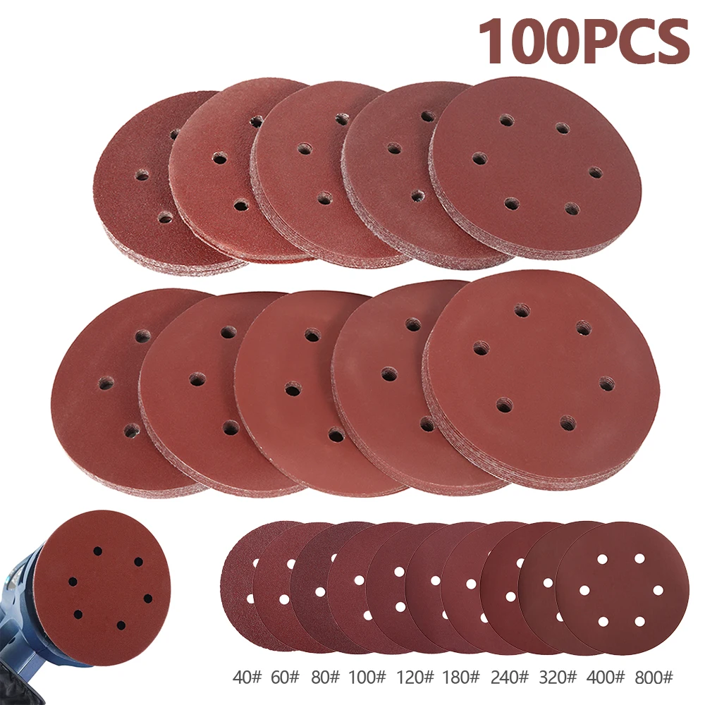 100pcs 5.9 Inch 150mm Round Sandpaper Six Hole Disk Sand Sheets Grit 40-800 Hook and Loop Sanding Disc Polish