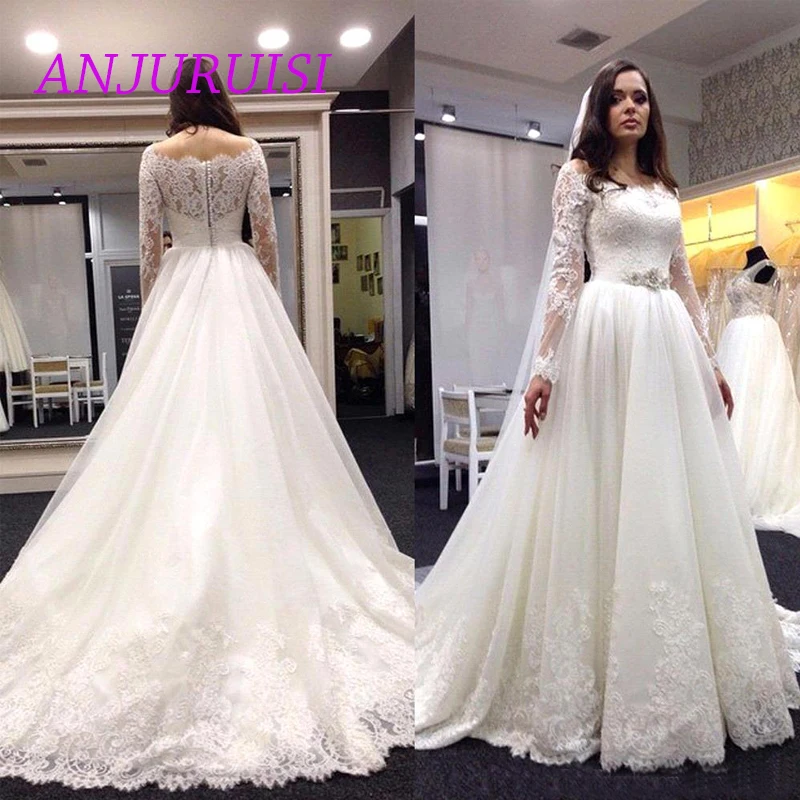 2019 кружевные свадебные Платья Vestidos De Noiva с длинными рукавами с глубоким круглым декольте расшитые бисером талии Аппликации Тюль суд