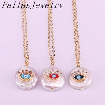 

10Pcs 16mm Charm Nature Pearl Micro Pave Zircon eye Jewelry Pendant Necklace Gold Color Chain Gift for Women