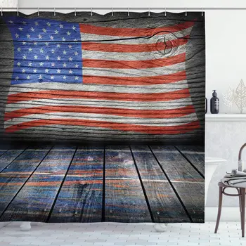 

USA Shower Curtain Fourth of July Independence Day Wooden Rustic Floor Log View Wall Rippled Image Bathroom Decor Set with Hooks