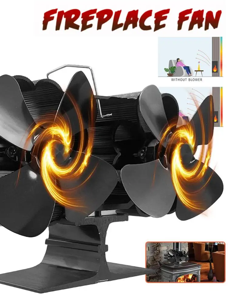 8 Blades Double Heads Burning Stove Fireplace Fan Wall-mounted Heat Powered Dual Motor Stove Fan Uiet Home Fireplace Fans
