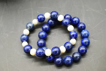 

blue LAPIS LAZULI /WHITE PEARL smooth round 12mm bracelet 7.5inch FPPJ wholesale beads nature amazing