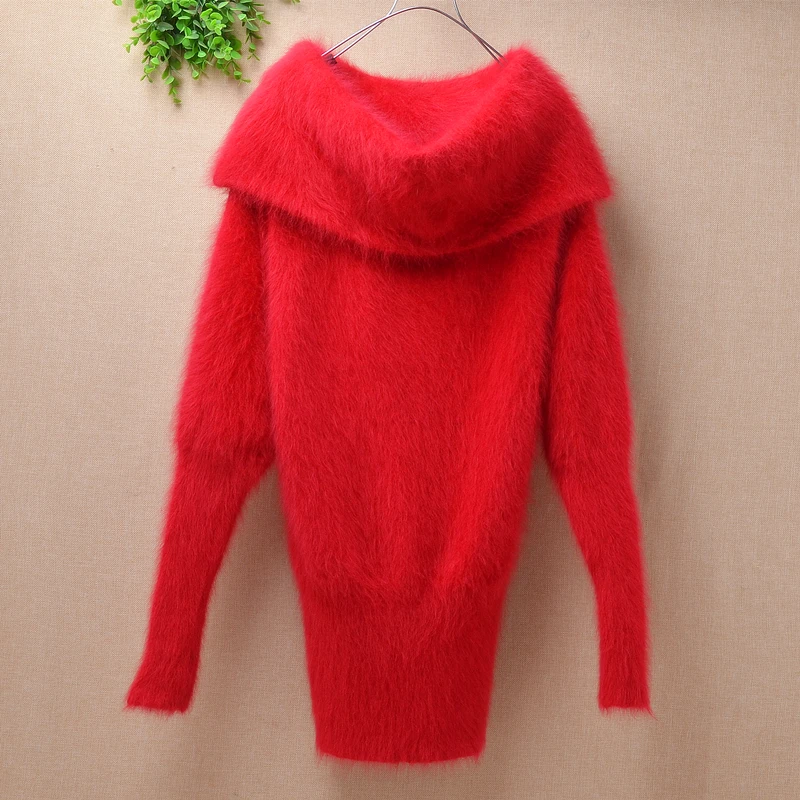 

Female women red sweaters plush mink cashmere big neck clothes angora rabbit fur loose knitted short sweater pullover