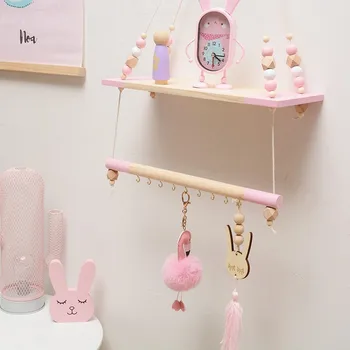 

INS Children Room Decorative Storage Rack Double Wooden Bead Tassels Shelves Wall Rope Hanging Shelf Home Hook Kids Coat Rack