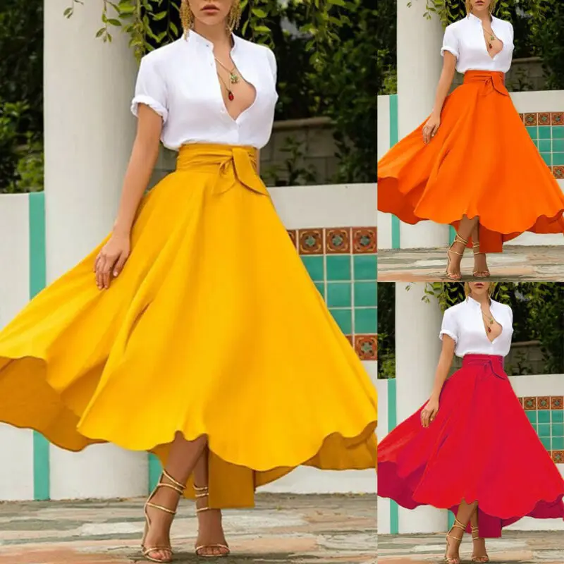 Women's Solid Color High Waist A Line Skirt Fashion Slim Waist Bow Belt Pleated Long Maxi Skirts Red Orange Yellow