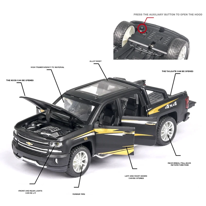 Горячая 1:32 Масштаб колеса 4x4 Chevrolet пикапа металлическая модель с светильник и звук silverado литья под давлением автомобиль вытяните назад игрушка Коллекция