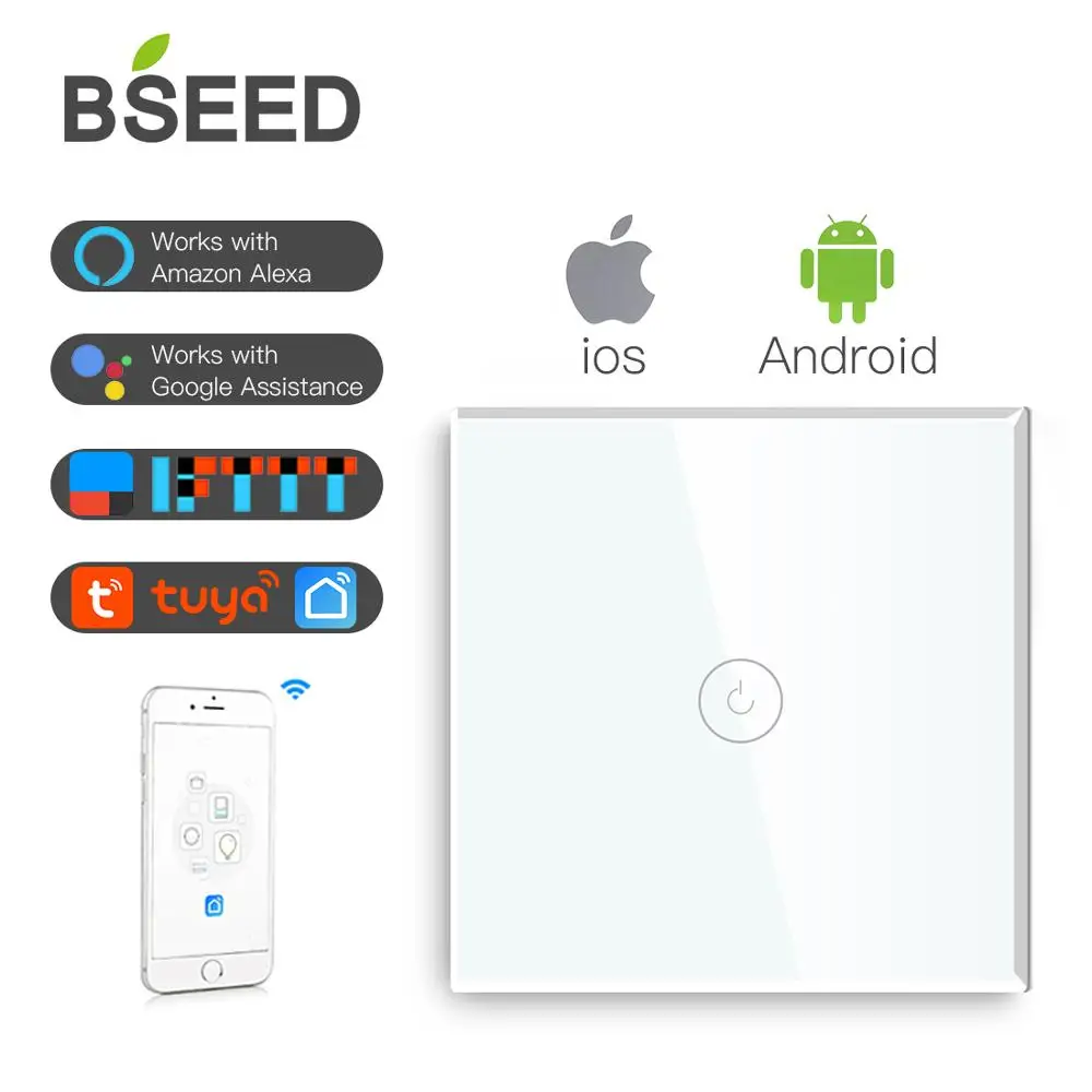 BSEED WIFI 1/2/3Gang Touch Light Switch Glass Smart Wall Switch Touch Screen Led Backlight Google Aleax Smart Life App White afbeelding