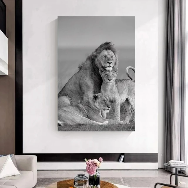 Black White Animal Lion In The Dark Canvas Painting Nordic Posters
