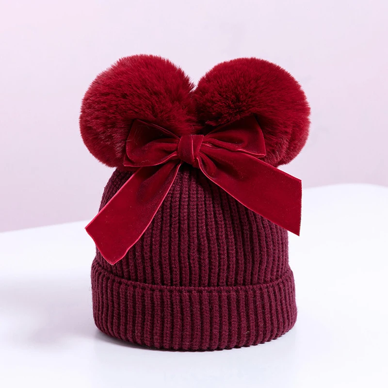 Baby Double Pompom Hat Velvet Bow Winter Girls Warm Knit Thicker Pom Pom Hats Ball Children Beanie Cap Kids Bonnet Casquette 3