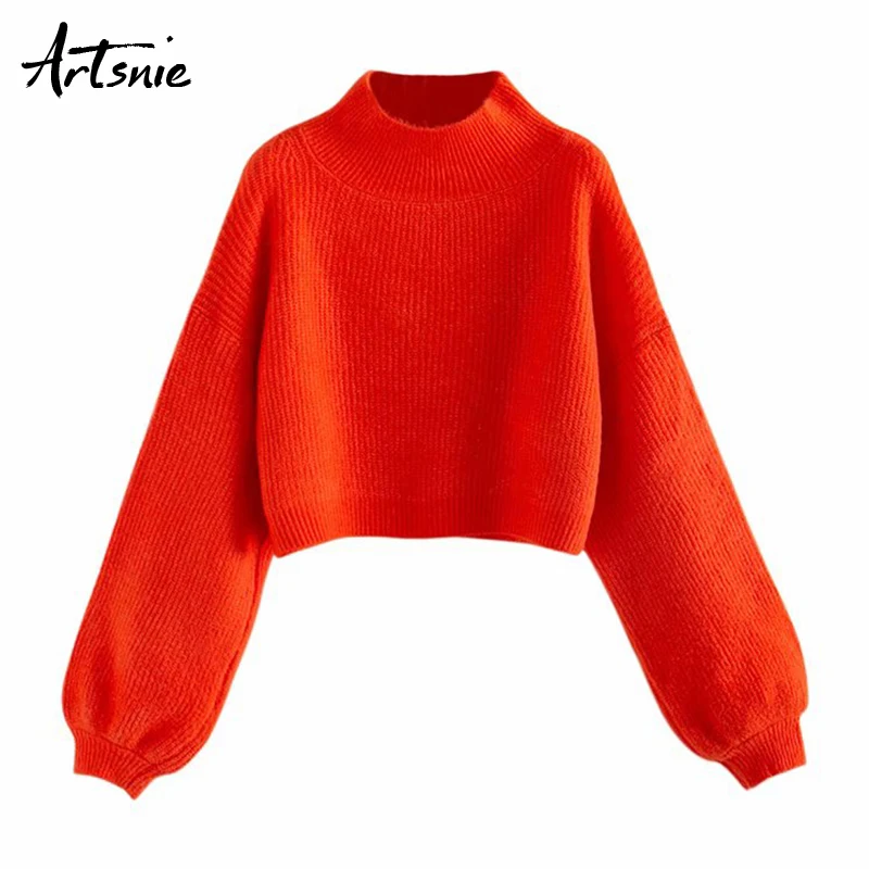 

Artsnie autumn 2019 red casual crop sweater women streetwear turtleneck lanter sleeve pullover winter oversized sweaters jumper