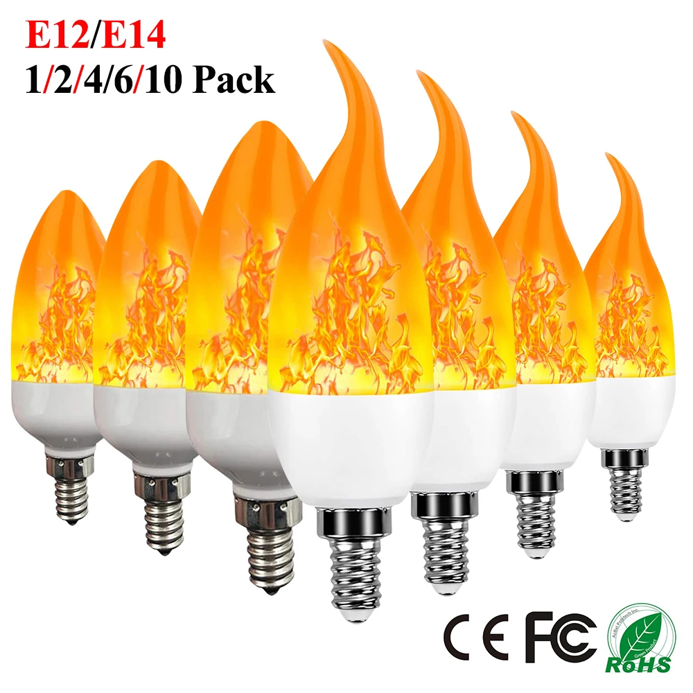 LED Flame Flickering Bulb Fire Emulation Light E14 E12 Candle Lamp 3 Modes Lighting Creative Atmosphere Home Decor D30 | Лампы и