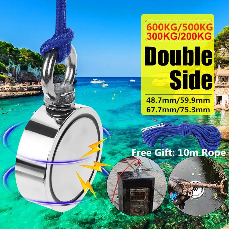 

600KG D75mm Double-sided Powerful Round Neodymium Magnet Hook Salvage Magnet Sea Fishing Equipments Holder with Ring 10M Rope