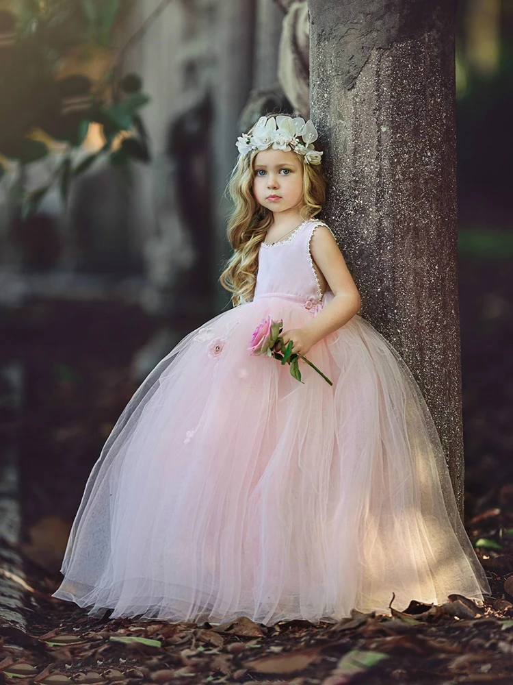 Розовое платье с цветочным узором для девочек, для свадебной вечеринки, без рукавов, милый дизайн, новинка года, бальное платье, Детские пышные платья на день рождения, по индивидуальному заказу