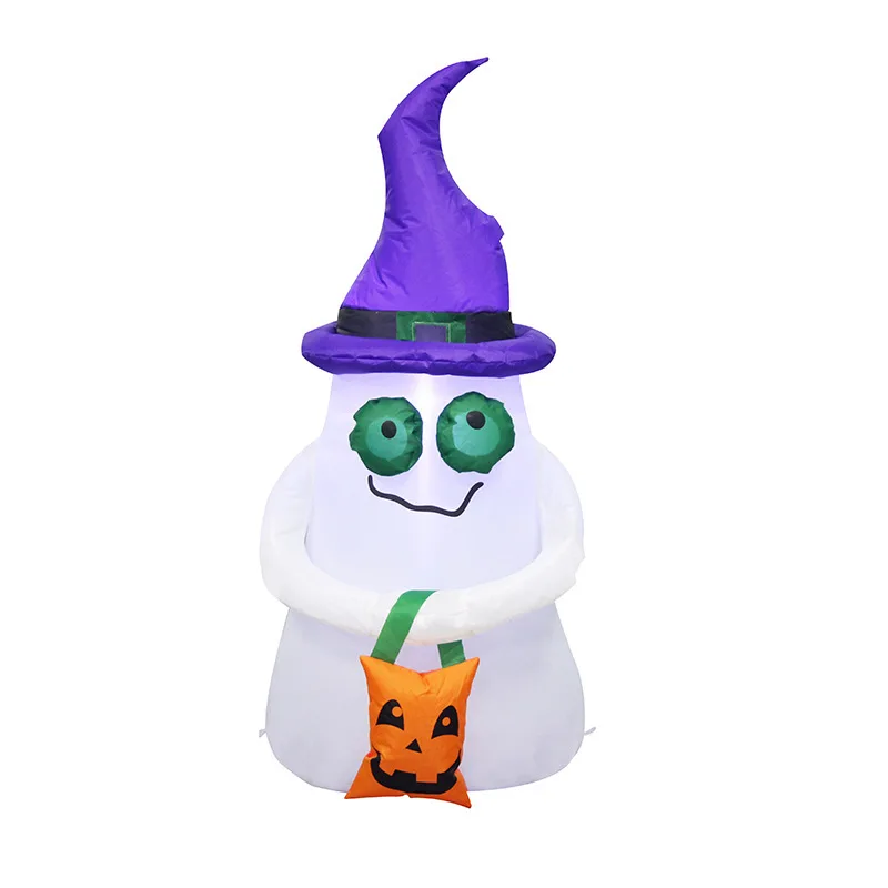 120CM 4 Foot Inflatable Ghost With Witch Hat Holding Pumpkin Bag Halloween LED Illuminate Toys Indoor Outdoor Yard Decorations 3