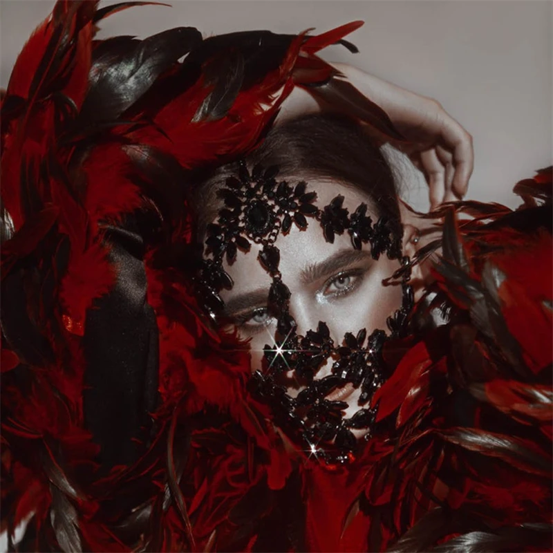 Fashion luxury mysterious black zircon mask women's sexy full face mask jewelry makeup ball crystal mask face accessories wholes