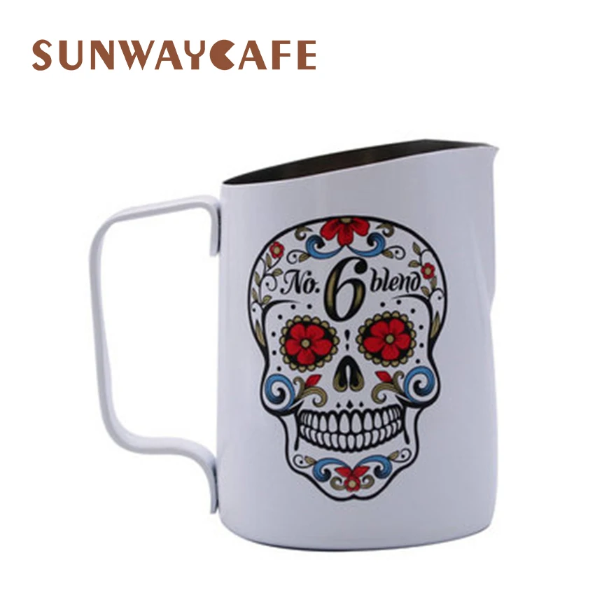 #^Special Price 450ml Skull Pattern Coffee Milk Jug Stainless Steel Frothing Pitcher Pull Flower Cup Espresso Frothers Mug Coffee Barista Tools