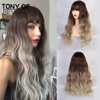 

Long Wavy Synthetic Wigs With Bangs Brown to Beige Ombre Hair Heat Resistant Fiber for Women Natural Water Wave Cosplay Wigs