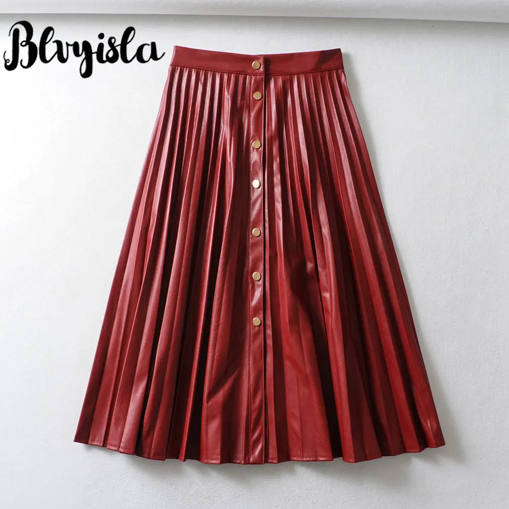 Blvyisla однотонная красная однобортная юбка из искусственной кожи с высокой талией, Очаровательная плиссированная юбка для женщин, элегантные женские зимние юбки