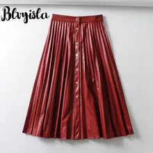 Blvyisla однотонная красная однобортная юбка из искусственной кожи с высокой талией, Очаровательная плиссированная юбка для женщин, элегантные женские зимние юбки