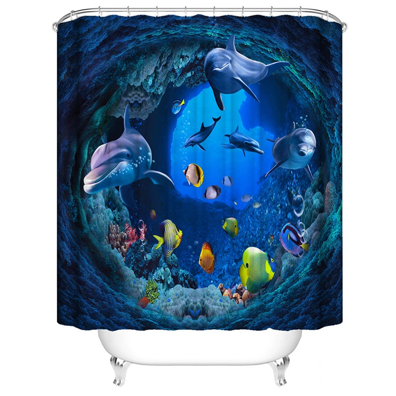Ocean Dolphin Deep Sea Polyester Shower Curtain Bathroom Waterproof With 12 Hooks Bath Mat Set - Цвет: T0016-YUL-1341