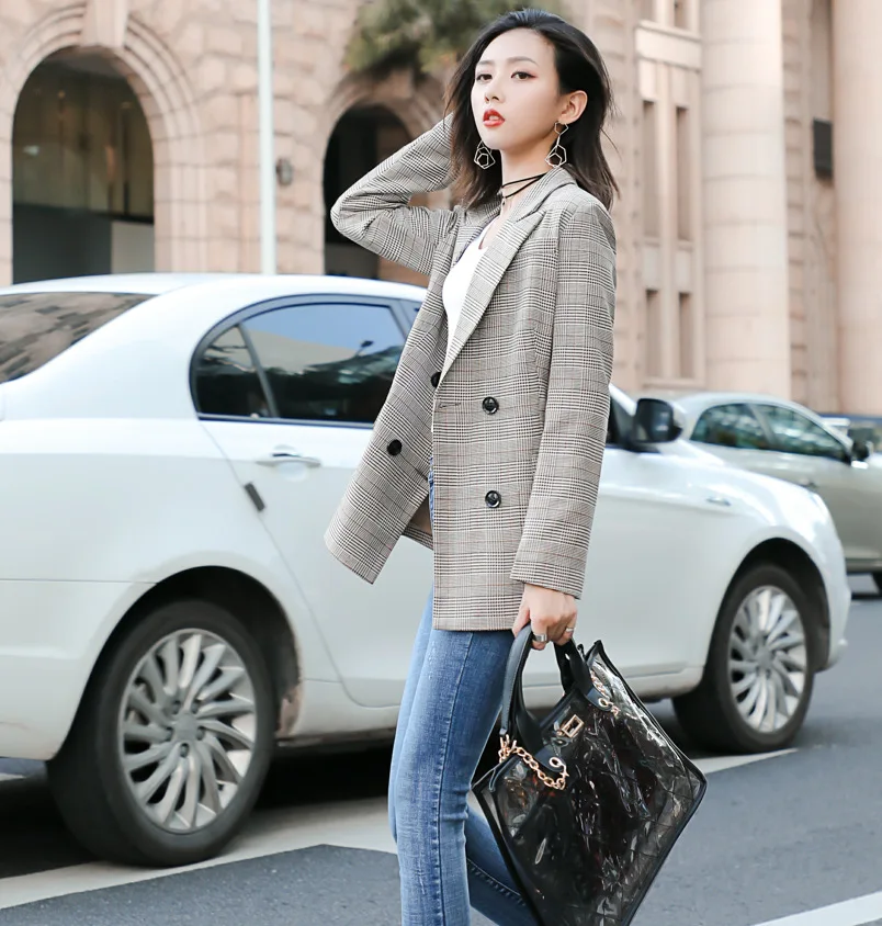 

Small Suit WOMEN'S Coat Spring And Autumn 2019 New Style Hong Kong Flavor Retro Plaid CHIC Long Sleeve Pattern Blazer