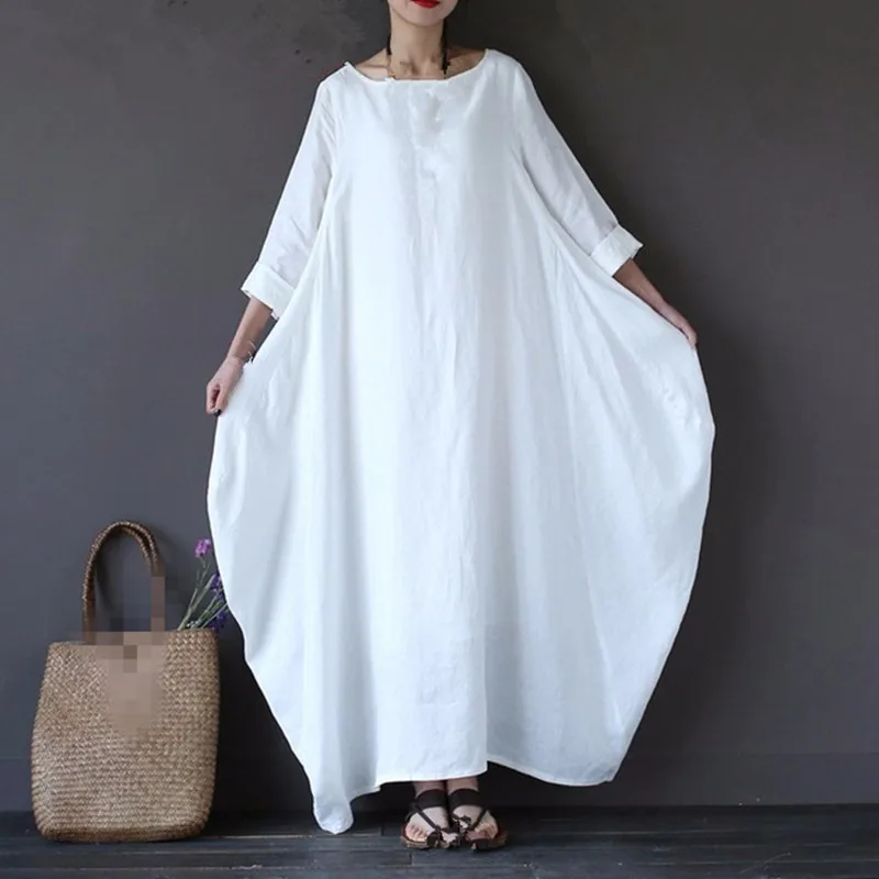 5XL Mooie Vrouwen Solid O-hals Maxi Jurken Losse Boho Plus Size Jurk Summer Casual Lange Mouwen Katoen En Linnen Jurk 5XL Mooie Vrouwen Solid O-hals Maxi Jurken Losse Boho Plus Size Jurk Summer Casual Lange Mouwen Katoen En Linnen Jurk
