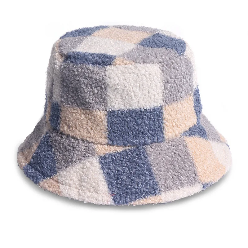 

2020 New Fashion Outdoor Fashion Panama Fishing Caps Faux Fur Check Plaid Bucket Hats Bob Chapeau femme Winter gorras Mujer