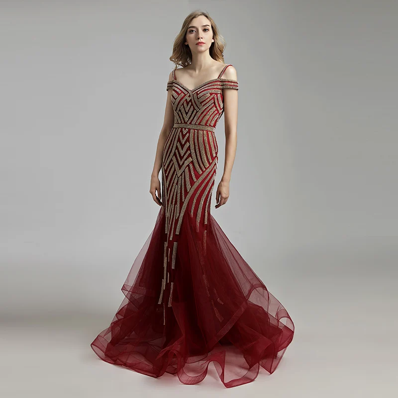 Robe De Soiree Бургундия Русалка вечернее платье длинное Бисероплетение Кристалл с открытыми плечами на молнии без спинки для женщин Формальное вечернее платье LSX494