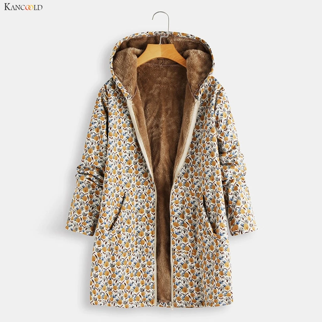 KANCOOLD пальто для женщин, плюс размер, зимняя теплая винтажная верхняя одежда с цветочным принтом, Асимметричное пальто с капюшоном и куртки для женщин 2019Oct9